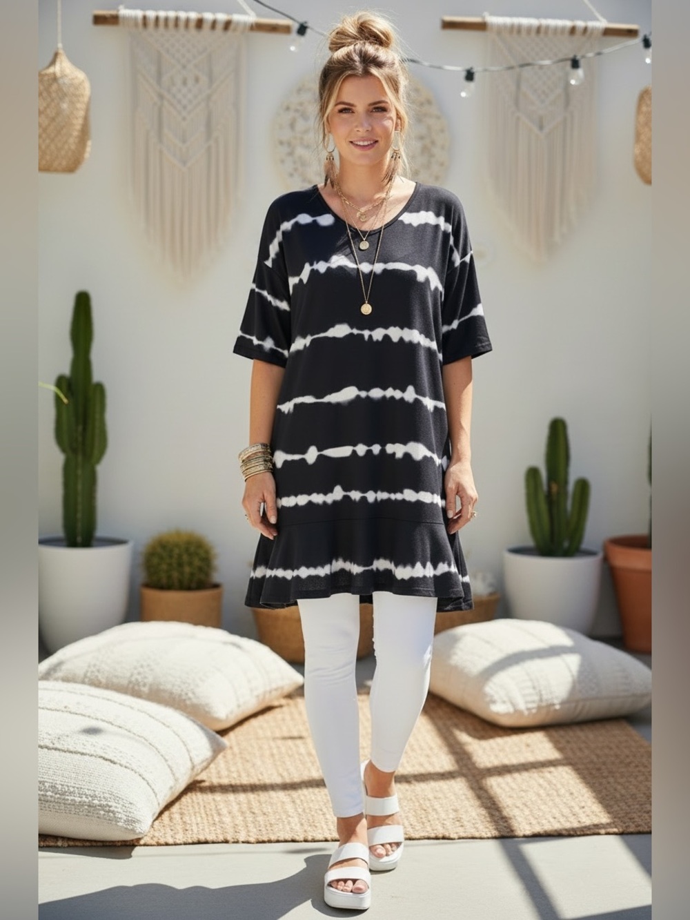 Alaster Queen Gray White Tie Dye T-Shirt Tunic Dress Size Medium Boho Chic